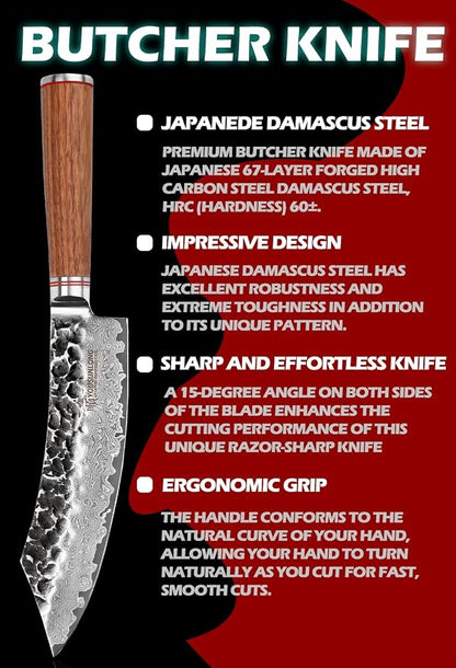 YOUSUNLONG Butcher Knife 8" Cimitar Hybrid Cleaver Japanese Hammered Damascus Steel Natural Walnut Wooden Handle