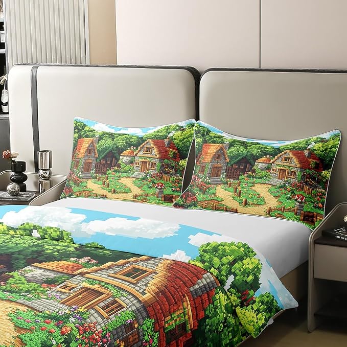 Castle Fairy Rustic Country Duvet Cover Set 100% Natural Cotton Twin Size Pixel Style Log Cabin Super Soft Bedding Set (No Filler) 2 PCS Building Video Games Cotton Comforter Cover for Bedroom Decor
