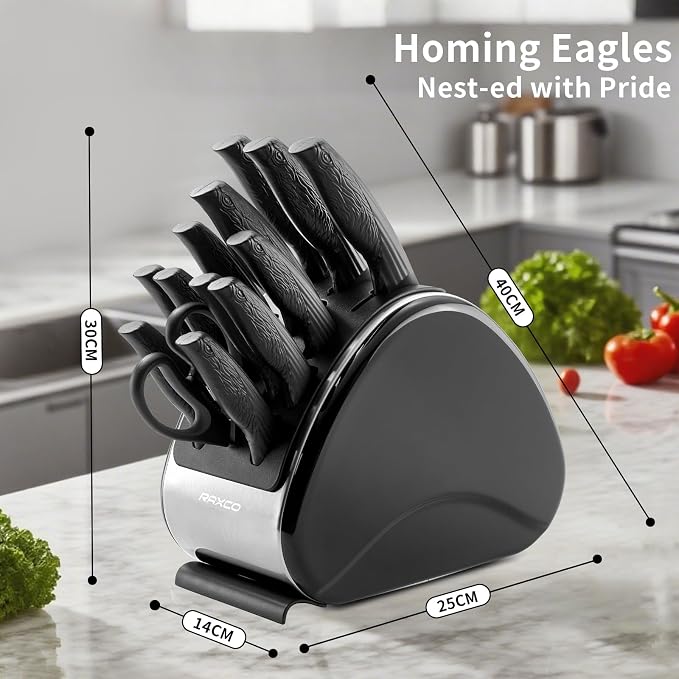 RAXCO 15-Piece Knife Sets with Block for Kitchen,Dishwasher Safe,Black | 6 Chef's Knives,6 Steak Knives,Kitchen Scissor,Stylish Block with Built-in Sharpener,Ergonomic Grips,Space-saving.