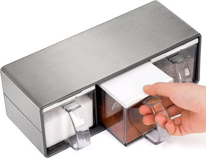 ZENFUN 3 Grids Seasoning Organizer Box, Stainless Steel Salt Container with Lid and Spoon, Seasoning Containers with Stainless Steel Rack for Home, Kitchen, Cafe, Storing Salt, Sugar, Pepper, Spice