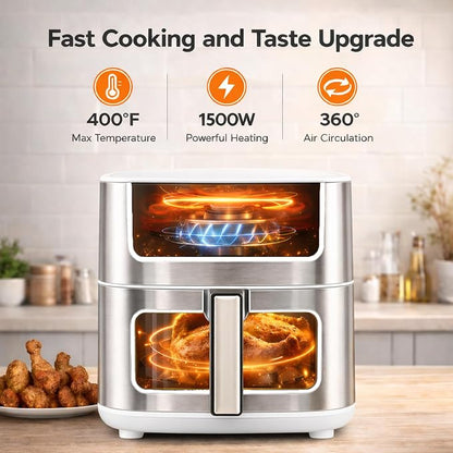 Simple Deluxe 8-in-1 Air Fryer 6.34 Qt, Digital Preset Airfryer with Visible Window, Nonstick and Dishwasher-Safe Basket, Air Fry, Chicken, Pizza, Dehydrate, Fries, 90-Min Timer, 1700W, White
