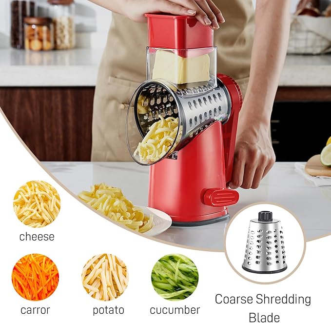Weltonhm Rotary Cheese Grater with 3 Blades, Large Hand Crank Cheese Grater with Waffle Slicer, Black and White Cheese Slicer with Suction Base, Easier for Shredding& Grating (red, 3 Graters)