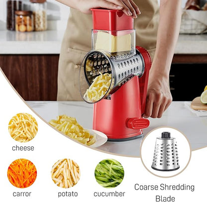 Weltonhm Rotary Cheese Grater with 3 Blades, Large Hand Crank Cheese Grater with Waffle Slicer, Black and White Cheese Slicer with Suction Base, Easier for Shredding& Grating (red, 3 Graters)