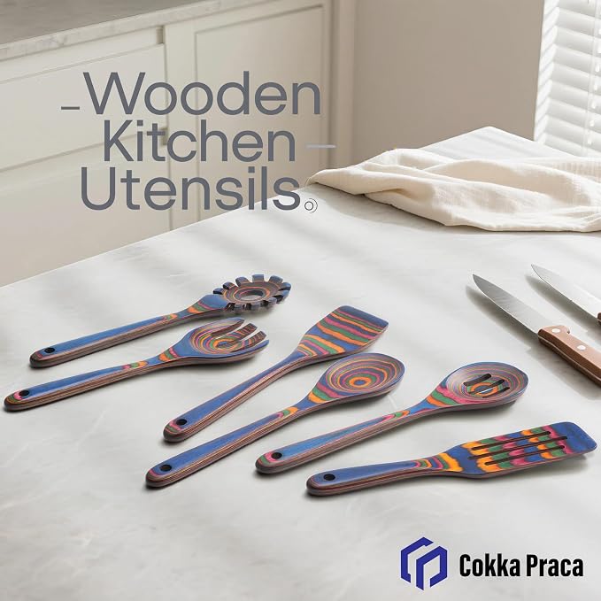 6-Piece Pakkawood Kitchen Utensils | Heat Resistant Wood Kitchen Utensils | Pakkawood Kitchen Cooking Utensil Set | Wooden Spoons for Cooking | Non-Sitck Cooking Spoons | Sapphire