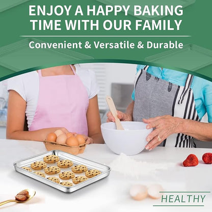Baking Sheets Set of 2, HKJ Chef Cookie Sheets 2 Pieces Stainless Steel Baking Pans & Toaster Oven Tray Pans, Rectangle Size 9L x 7W x 1H inch & Non Toxic & Healthy & Easy Clean