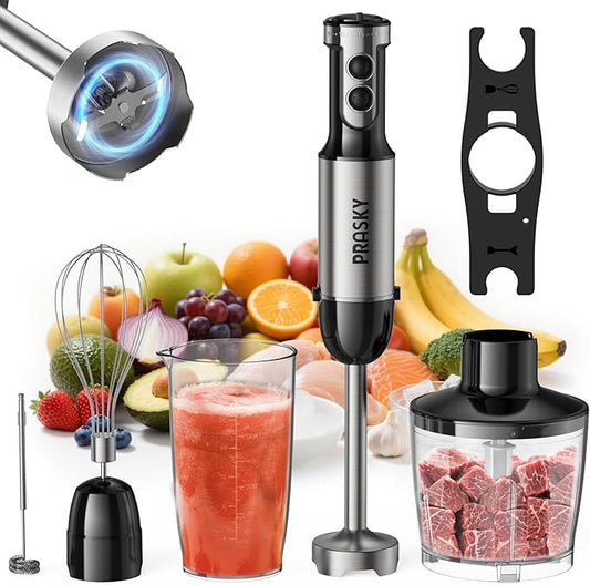 Immersion Blender Handheld 1200W, 20-speeds Immersion Hand Blenders, Hand Mixer with Mining Beaker,Chopper,Whisk, Frother and Stick Blender Suitable for Kitchen, Protein Shakes and Baby Food (Silver)