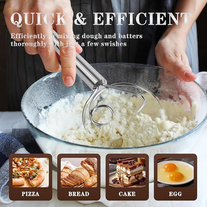 Danish Dough Whisk Stainless Steel Dough Hook Dutch Whisk for Sourdough Bread Dough Mixer Hand Wooden Handle Kitchen Whisking Mixing Tool Bread Making Tools and Supplies (Stainless Steel 1-eye)