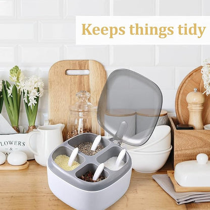 Seasoning Box with Lid and Spoon, 4 Compartment Spice Pots with Handle, Home Kitchen Condiment Jars for Sugar Salt Pepper
