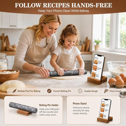 French Rolling Pin for Baking, FiiMan 12 Inch Marble Rolling Pins with Wooden Stand, Heavy Stone French Polished Non-Stick Roller Pins For Baking Cookie Pizza Pastry (Black)