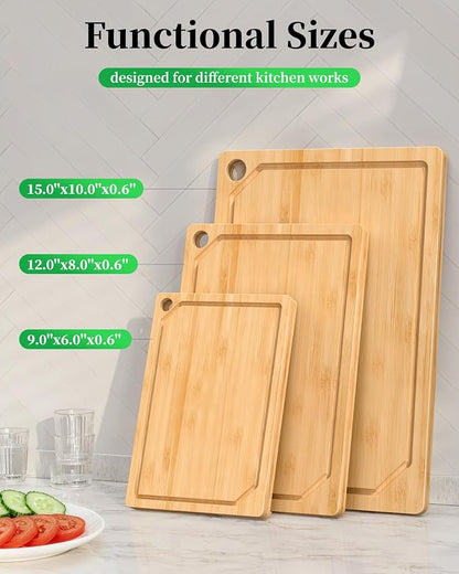 Kitchen Cutting Board Set - 3-Piece Wooden Cutting Boards for Kitchen with Juice Groove, Handles, Hang Holes, Stylish Kitchen Essentials for Chpping & Serving, Natural, 0.6"Th - (L+M+S)