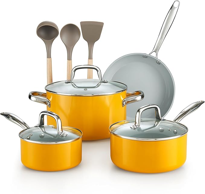 Cook N Home Classic Nonstick Cookware Set, Pots and Pans Cookware Set with Glass Lids and Comfortable Handles, Induction Compatible, 10-Piece, Yellow