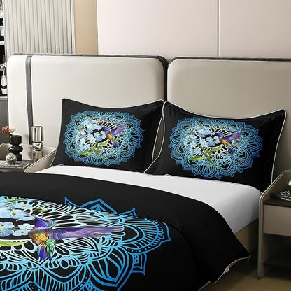 Castle Fairy 100% Cotton Lotus Flower Bedding Set King Size Bohemian Style Duvet Cover for Bedroom Decor Floral Hummingbird Comforter Cover with 2 Pillowcases(No Comforter)