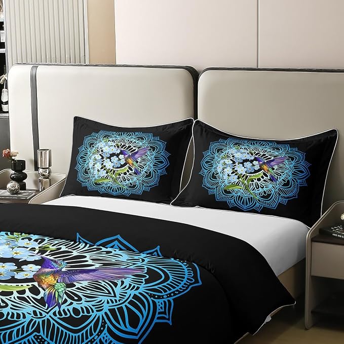 Castle Fairy Twin Size Duvet Cover Lotus Flower 100% Pure Cotton Bedding Set Bohemian Style Bedding Set Floral Hummingbird Comforter Cover for Room Decor 2 PCS(No Filler)