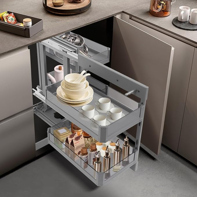 Blind Corner Cabinet Pull Out 2 Tier, Kitchen Cabinet Organizer, Left & Right Open Compatible, Blind Corner Kitchen or Bathroom Cabinets, Height Adjustable