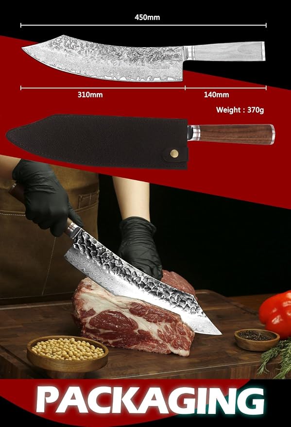 YOUSUNLONG Butcher Knife 12 inch Max Breaking Cimitar Knife - Japanese Hammer Damascus Steel - Natural Walnut Handle with Leather Sheath