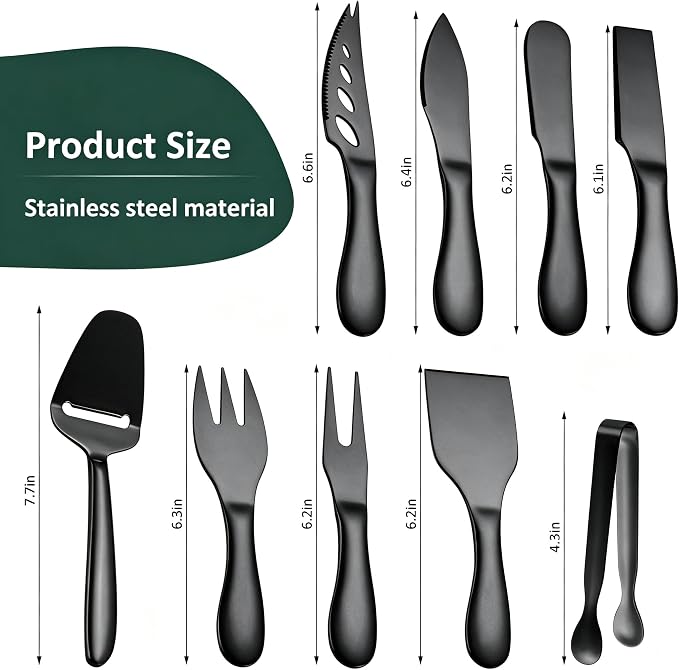 Premium Stainless Steel Black Cheese Tool Set - 12 Piece Cheese Knife & Cheese Markers Gifts Set - Cut, Butter Spreader Slicer Mini Serving Tongs,Birthday Wedding Christmas All Your Favorite Cheeses