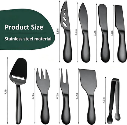 Premium Stainless Steel Black Cheese Tool Set - 12 Piece Cheese Knife & Cheese Markers Gifts Set - Cut, Butter Spreader Slicer Mini Serving Tongs,Birthday Wedding Christmas All Your Favorite Cheeses
