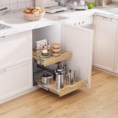 Sikarou Pull Out Cabinet Organizer,Heavy-Duty Slide Out Shelf, Wood and Wire Basket, Pull Out Drawer for for Kitchen Under Sink Space, Pantry, Bathroom, 2 Tie 14 * 21 in
