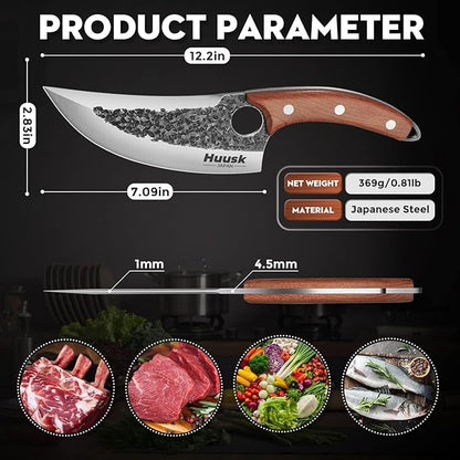 Huusk Japanese Knife with Leather Sheath, Full Tang Viking Chef Knives | Hand Forged High Carbon Steel Meat Cleaver with Finger Hole for Camping Outdoor BBQ Cooking Kitchen, Fathers' Day Gift