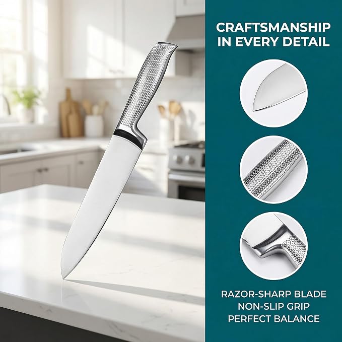 3-Piece Professional Chef Knife Set - 8" Chef, 7" Santoku, 5" Utility - Razor-Sharp 5Cr15MoV High-Carbon Stainless Steel, Full Tang & Non-Slip Handle - Gift-Ready for Home Kitchen & Chefs
