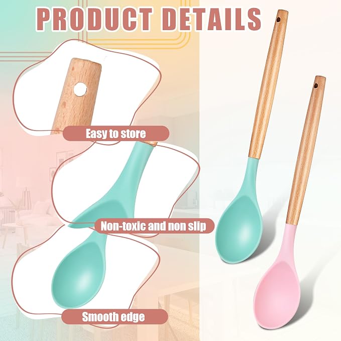 Patelai 2 Pieces Silicone Nonstick Mixing Spoon Kitchen Cooking Spoons Serving Spoon with Wooden Handle Heat Resistant Utensil Spoons for Mixing, Baking, Serving and Stirring (Green, Pink)