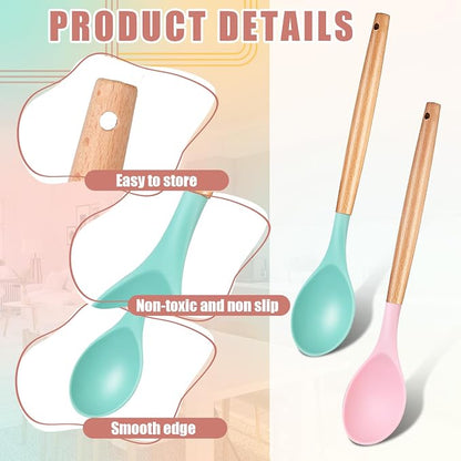 Patelai 2 Pieces Silicone Nonstick Mixing Spoon Kitchen Cooking Spoons Serving Spoon with Wooden Handle Heat Resistant Utensil Spoons for Mixing, Baking, Serving and Stirring (Green, Pink)