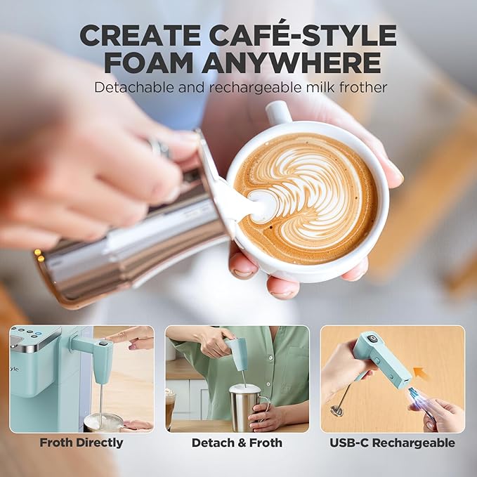 Tastyle 330MF Single Serve Coffee Maker with Built-in Detachable Milk Frother, Iced and Hot Coffee Machine for K Cup & Grounds, 40oz Removable Water Reservoir, 6 Cup Sizes, Fits 7.3" Travel Mug, Teal