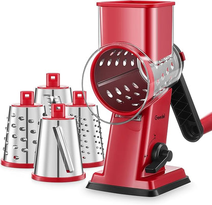Geedel Rotary Cheese Grater - Upgraded Vegetable Shredder with 4 Interchangeable Blades, Easy to Clean Cheese Shredder with Handle, Kitchen Grater Nuts Grinder for Cutting Cheese, Vegetable, Nuts