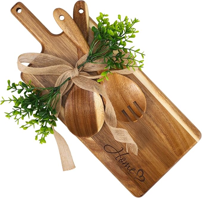 Wooden Cutting Board Set, Solid Wood Chopping & Serving Board with Salad Spoon & Fork, Decorative Kitchen Platter for Housewarming, Wedding, New Home or Family Kitchen Essential
