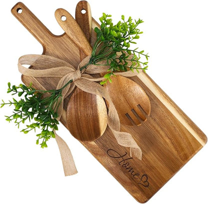 Wooden Cutting Board Set, Solid Wood Chopping & Serving Board with Salad Spoon & Fork, Decorative Kitchen Platter for Housewarming, Wedding, New Home or Family Kitchen Essential