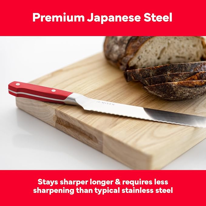 Misen Serrated Bread Knife - High-Carbon Japanese AUS8 Steel - Perfect for Soft Foods, Bread, Pastries, and Fruits - Verstatile Slicer, Razor-Sharp Edge, Durable Blade, Ergonomic Handle - 10", Red
