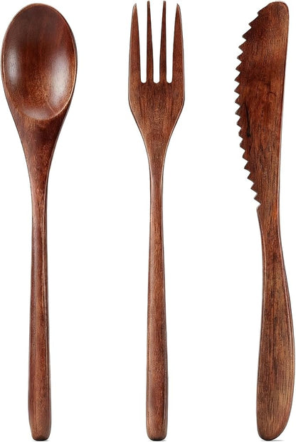 Wooden Utensils For Eating, Wood Spoon Fork Knife Cutlery Set, Dinnerware Sets For Dining And Travel Use