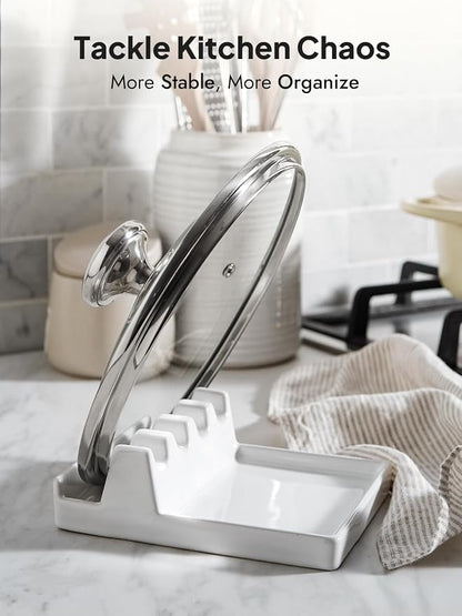 LE TAUCI Ceramic Spoon Rest with Lid Holder for Stove Top, Multi-Utensil Spoon and Pot Lid Rest for Kitchen Counter, 6.2" Heavy Duty Spatula Ladle Holder with Drip Pad, Kitchen Gadgets, White