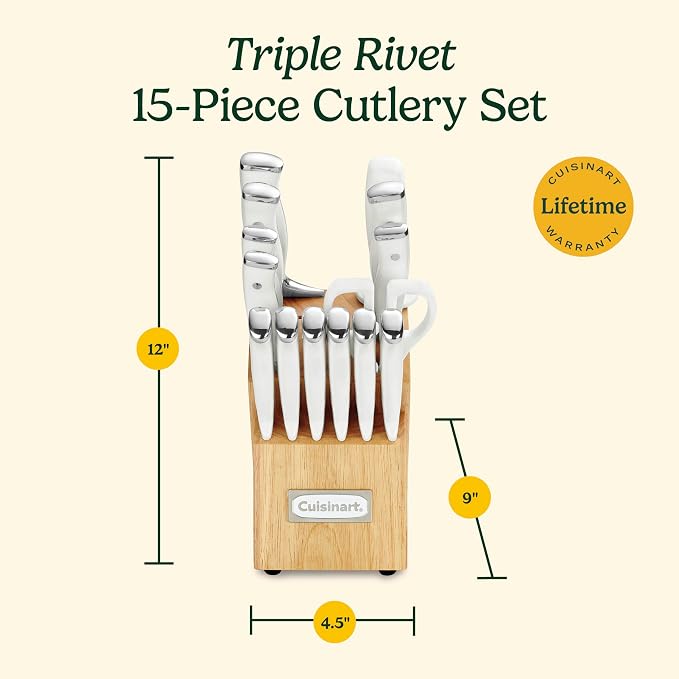 Cuisinart 15-Piece Knife Set with Block, High Carbon Stainless Steel, Forged Triple Rivet, White, C77WTR-15P (Pack of 2)