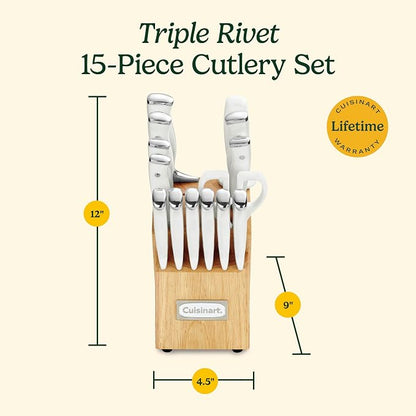 Cuisinart 15-Piece Knife Set with Block, High Carbon Stainless Steel, Forged Triple Rivet, White, C77WTR-15P (Pack of 2)