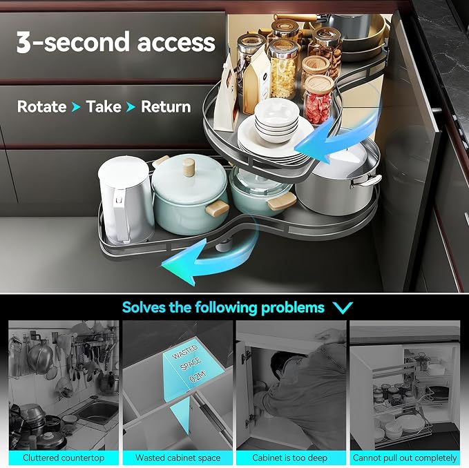 Blind Corner Cabinet Pull Out 12",14", 16", 18" Opening, 2-Tier Shelf Kitchen Cabinet Organizer, Blind Corner Cabinet Organizer, Left/Right Door, Adjustable Height, Metal Black