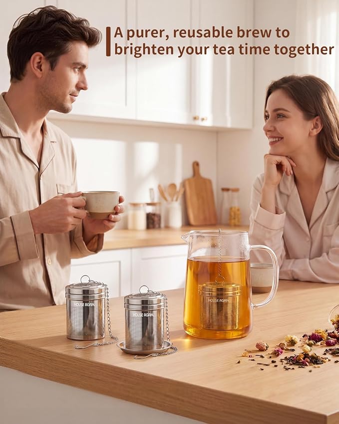 House Again 2 Pack Tea Infusers, Extra Fine Mesh Tea Strainers for Loose Tea, Updated Slim Threaded Lid & 304 Stainless Steel, Loose Leaf Tea Steeper for Brew Tea Spices & Seasonings
