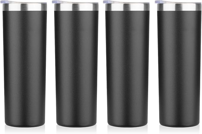 HASLE OUTFITTERS 20 oz Skinny Tumblers Bulk Set, Stainless Steel Insulated Slim Tumblers with Lids, Reusable Double Wall Travel Coffee Mugs, Durable Powder Coated Travel Water Cups(Black, 4)