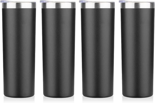 HASLE OUTFITTERS 20 oz Skinny Tumblers Bulk Set, Stainless Steel Insulated Slim Tumblers with Lids, Reusable Double Wall Travel Coffee Mugs, Durable Powder Coated Travel Water Cups(Black, 4)