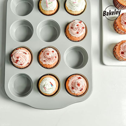 12-Cavity Muffin Pan, Nonstick Ceramic Cupcake Pan, Heavy-Duty 0.6mm Carbon Steel, Easy-Release Bakeware for Home Bakers & Holiday Treats, Grey