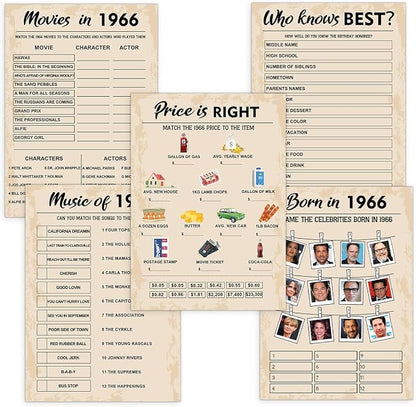 QUPT 60th Birthday Party Games, Set of 5 Activities for 10 Guests, Born in 1966 Games Bundle, Birthday Party Supplies for Adults, Pack of 50 Cards