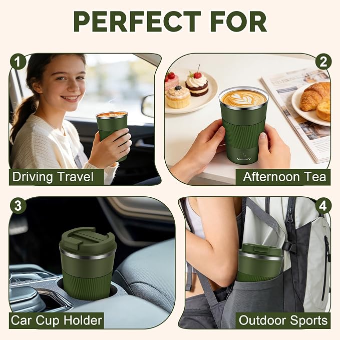 MOMSIV 12oz Travel Mug, Insulated Coffee Cup with Leakproof Lid, Vacuum Stainless Steel Double Walled Reusable Tumbler for Hot and Cold Water Coffee and Tea In Travel and Car Armygreen 380ML