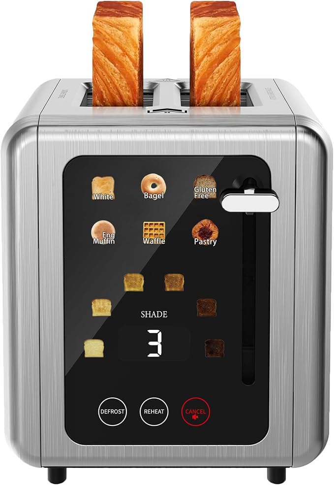 WUNLY Smart Digital 2 Slice Toaster with Touch Screen,1.5'' Extra Wide Slots for Bagel, Digital Countdown & Sound Control, 6 Bread Types & 6 Shade Settings, Defrost/Reheat/Standby,Titanium