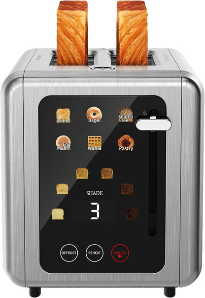 WUNLY Smart Digital 2 Slice Toaster with Touch Screen,1.5'' Extra Wide Slots for Bagel, Digital Countdown & Sound Control, 6 Bread Types & 6 Shade Settings, Defrost/Reheat/Standby,Grey