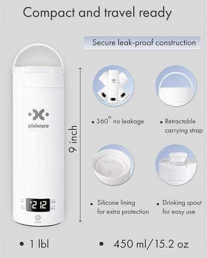 Travel Kettle Lift Lid for Hot Water on the Go 450ml – Small Portable Mini Electric Kettle – 4 Smart Temp Presets – Auto Shut-Off – Leak-Resistant – Stainless Steel BPA-Free 304