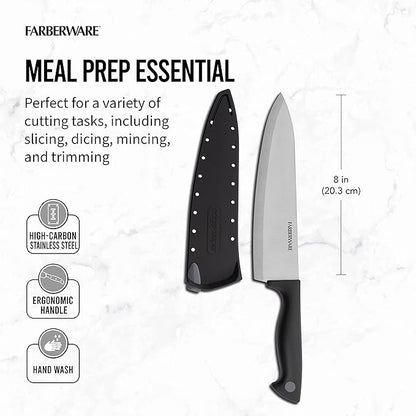 Farberware Edgekeeper 8-Inch Chef Knife with Self-Sharpening Blade Cover, High Carbon-Stainless Steel Kitchen Knife with Ergonomic Handle, Razor-Sharp Knife, Black