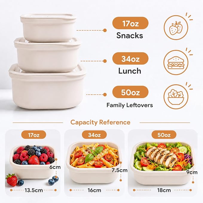 3 Pack Food Storage Containers with Easy-Open Vent Lids, Leak Resistant BPA-Free Meal Prep Containers, Microwave Freezer Dishwasher Safe, Stackable Food Containers,White, 17oz 34oz 51oz