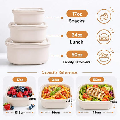 3 Pack Food Storage Containers with Easy-Open Vent Lids, Leak Resistant BPA-Free Meal Prep Containers, Microwave Freezer Dishwasher Safe, Stackable Food Containers,White, 17oz 34oz 51oz