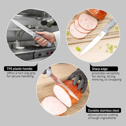 Restaurantware 8 Inch Carving Knife Stainless Steel Ergonomic Handle Non-Slip Grip Durable Kitchen Knife, Dishwasher-Friendly for Home Cooking and Commercial Use, Gray