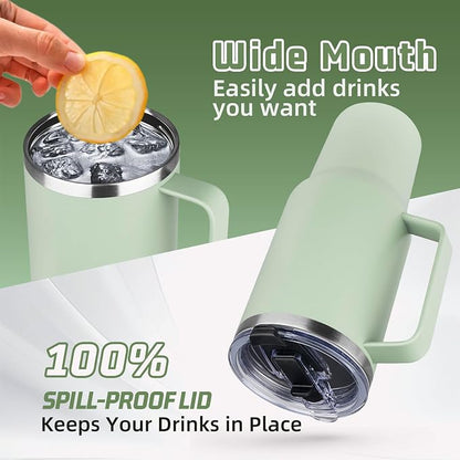 40 oz Tumbler with Handle and Flip Straw, 100% Leakproof Insulated Tumbler with Lid and Straw, Stainless Steel Travel Coffee Mug, Insulated Coffee Thermal Cup for Cold and Hot (Green Tea)